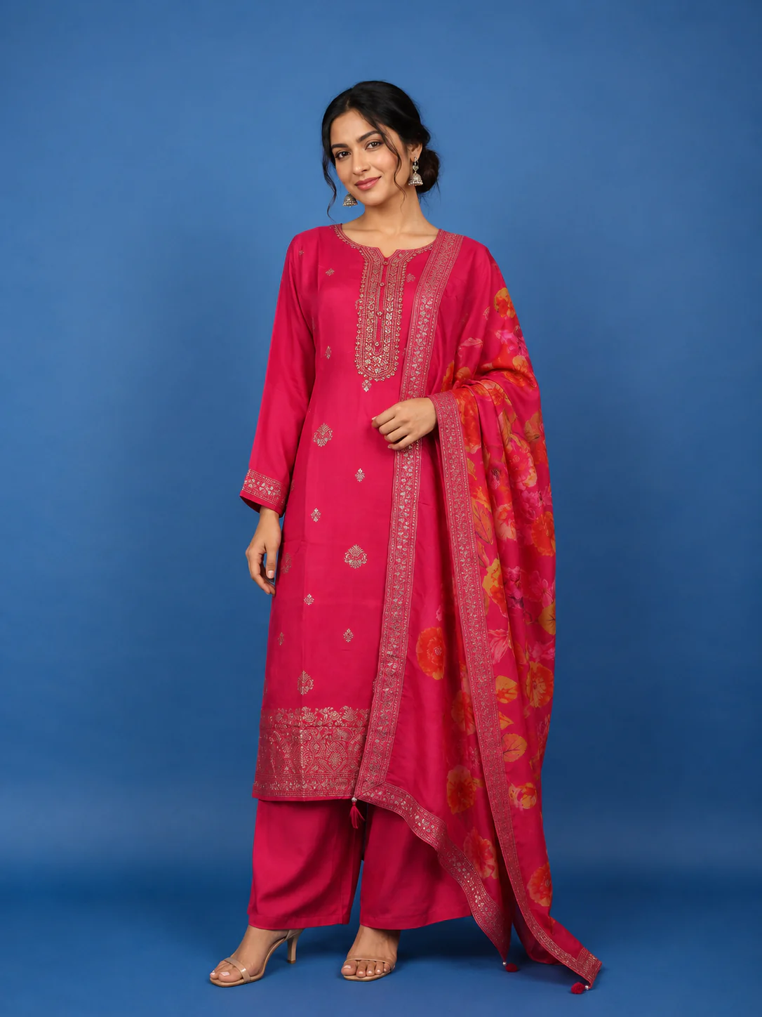 Rani Pink Floral Embroidered Silk Salwar Suit
